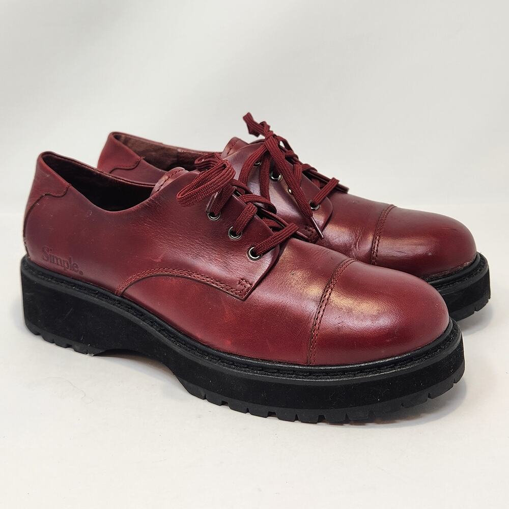 Simple Shoes Red Leather Lace Up Loafers Women Size 10 Lug Soles Cap Toe Y2K 90s